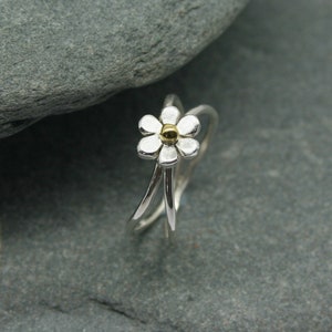 Sterling silver flower ring, silver daisy ring, silver crossover ring, cute flower ring, mixed metal flower ring, hand made in Cornwall