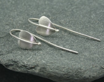 Sterling silver heart earrings on long silver fittings, silver leaf earrings, love earrings, long silver heart earrings, made in Cornwall
