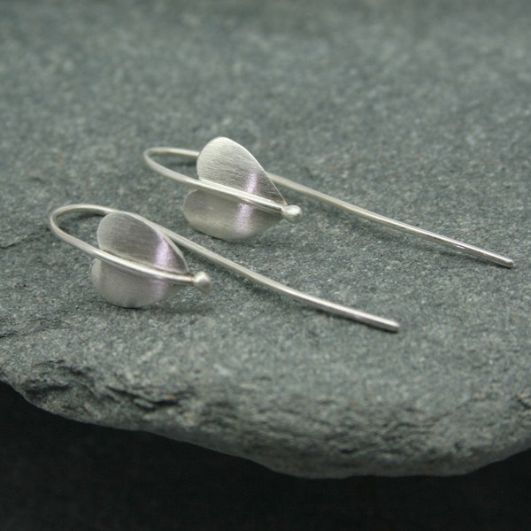 Sterling silver heart earrings on long silver fittings, silver leaf earrings, love earrings, long silver heart earrings, made in Cornwall