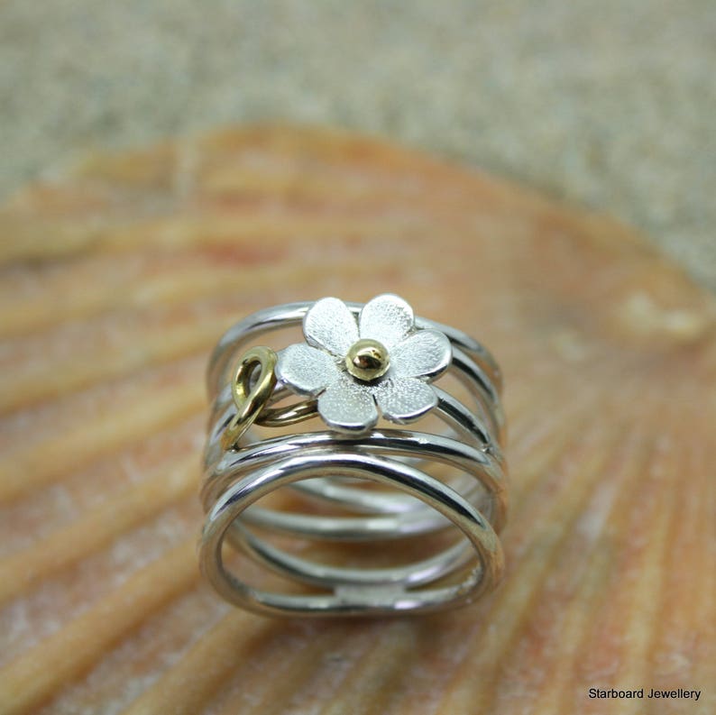 Wide silver daisy ring, roller coaster ring, sterling silver ring, art nouveau ring, wave ring, unusual ring, hand made in Cornwall image 2