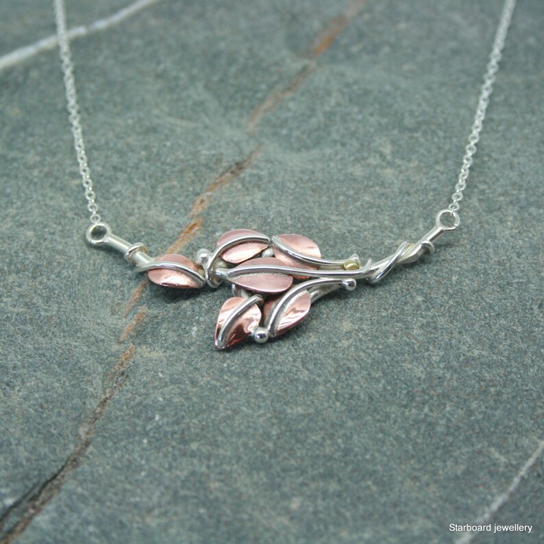 Handmade Sterling Silver Necklace With Copper Leaves and Silver