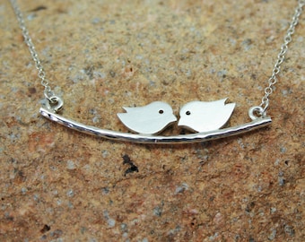 Sterling silver two birds on a branch necklace, girls necklace, baby shower necklace, sterling silver bird necklace, hand made in Cornwall