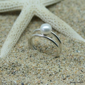 Sterling silver pearl ring, single pearl ring, silver and pearl ring, cornish ring, surf ring, unique pearl ring, hand made in Cornwall