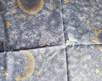 Vintage 1994 Celestial Astrology Fabric - Blue and Gold - Astronomy Fabric Sun and Moon Fabric - Compagnia Tessile Europea