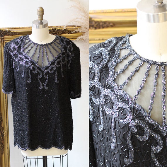 1980s black beaded mesh blouse // 1980s beaded sil