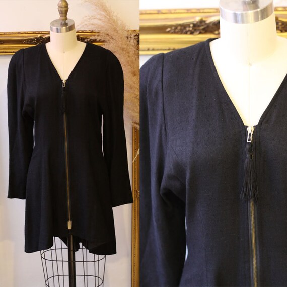 1980s black zip up dress // 1980s black linen dres