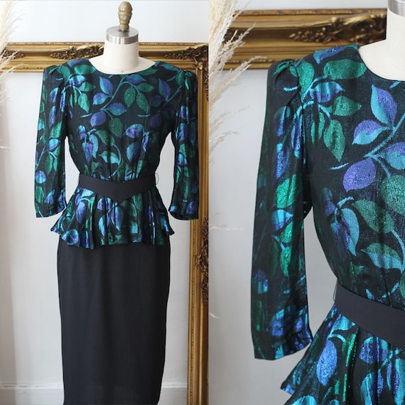 1980s sparkle botanical dress // vintage metallic lame dress // vintage disco dress