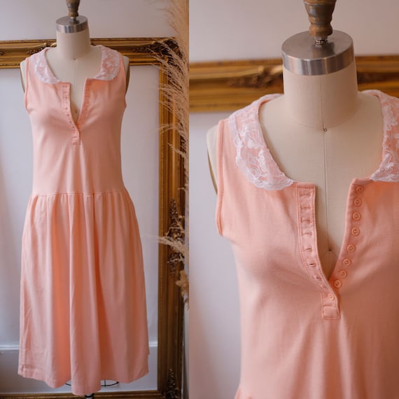 1980s peach cotton dress // 1980s lace collar dres