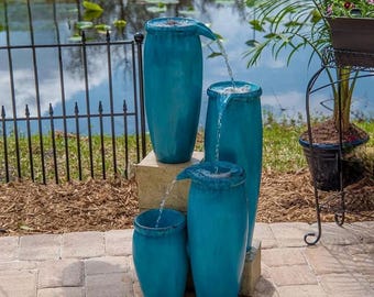 Vessel Fountain with Blue Finish | Outdoor Floor Fountain