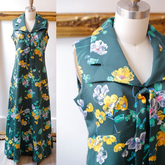 1970s green floral halter maxi dress // 1970s collared dress // vintage maxi dress