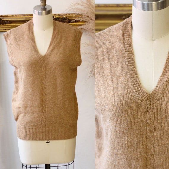 1970s light brown sweater knit vest // 1970s wool