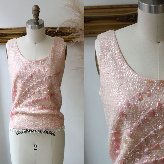 1960s soft pink sequin sweater tank // 1960s sequi
