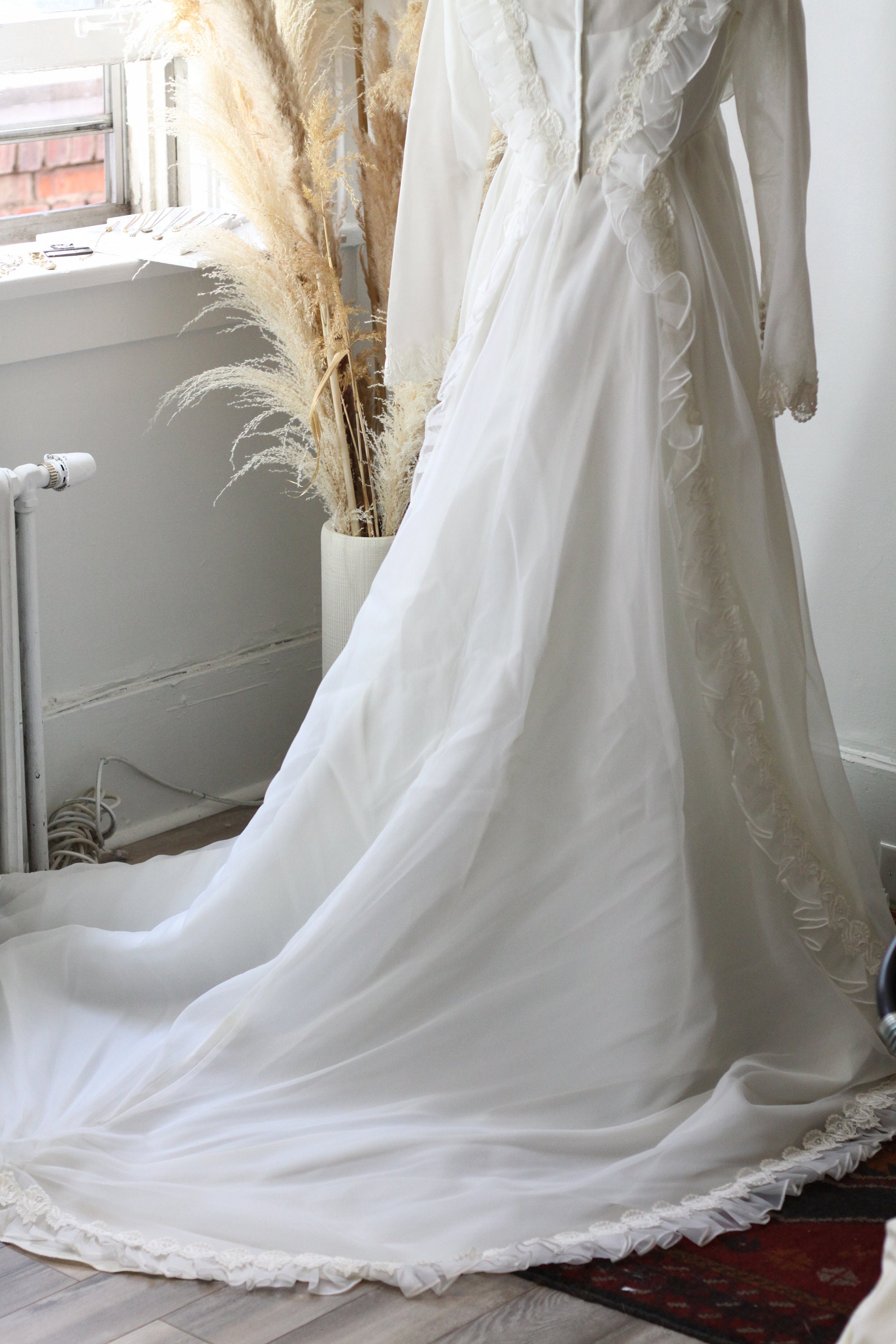 1970s sheer long sleeve wedding dress // 1970s boho lace