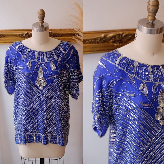 1980s blue silver sequin top // 1980s sequin shirt // vintage sequin top