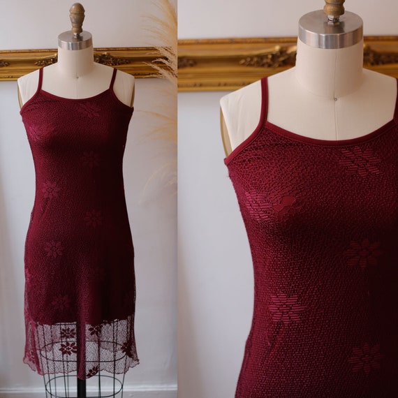 1990s burgundy mesh tunic dress // 1990s mesh dres