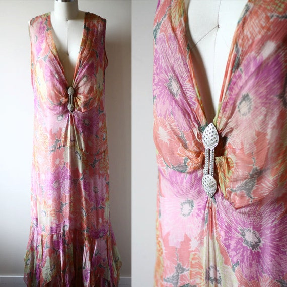 1920s floral silk chiffon dress // 1920s flapper d