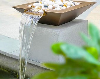 Square Garden Water Bowl, Stainless Steel Spilling Water Feature for Outdoor and Other Landscaped Areas