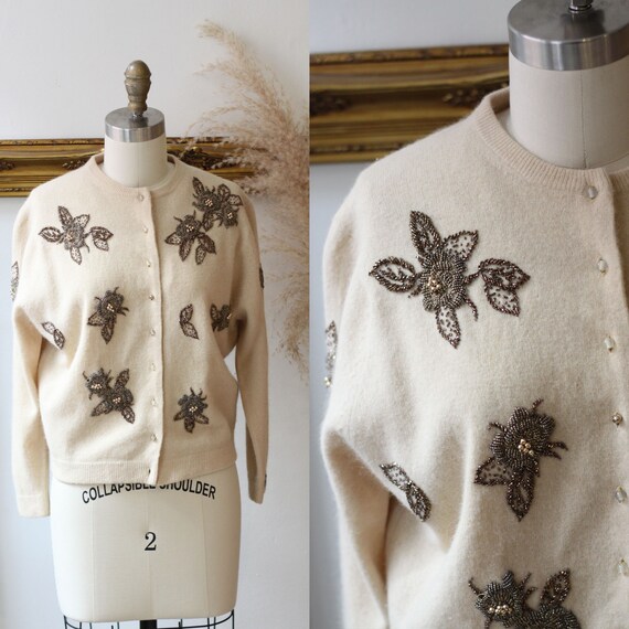 1950s copper beaded cardigan // 1950s tan cardigan