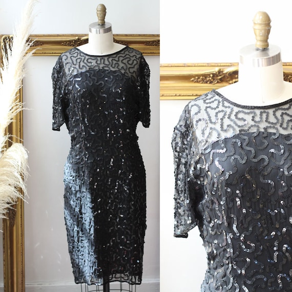 1980s Sheer Sequin Dress // 1980s black sequin dre