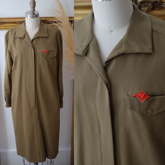 1980s green shirt dress // 1980s olive shirt dress