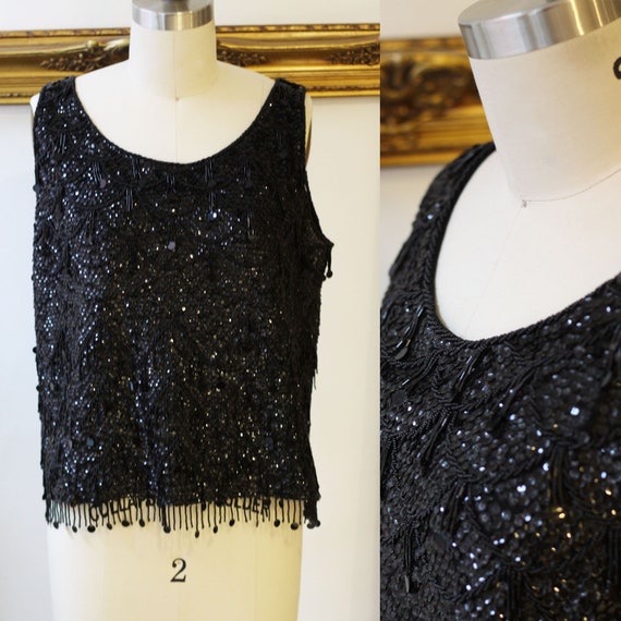 1960s black sequin tank top // black sequin tank t
