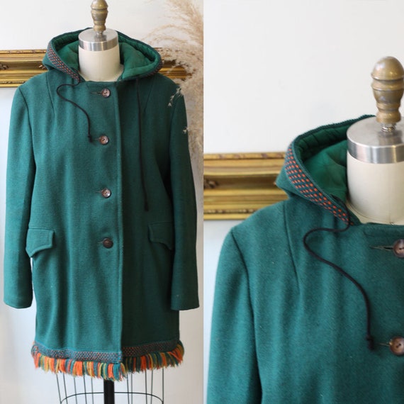 1970s green felt fringe coat // 1970s green coat /