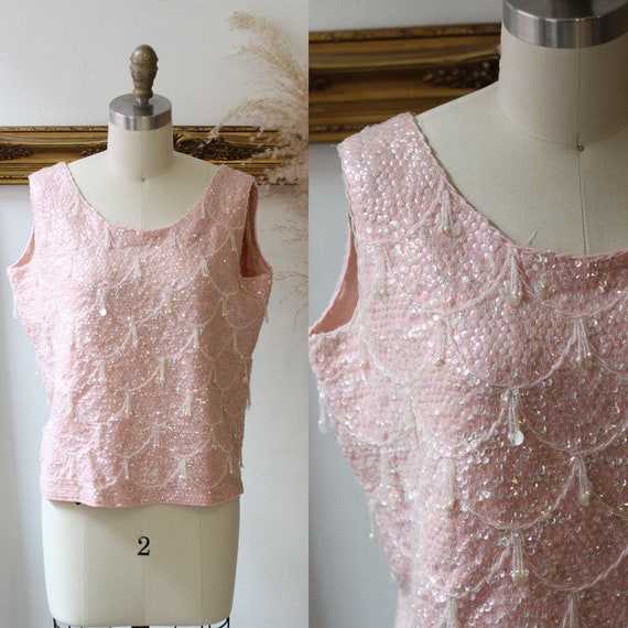 1960s soft pink sequin sweater tank // 1960s sequi