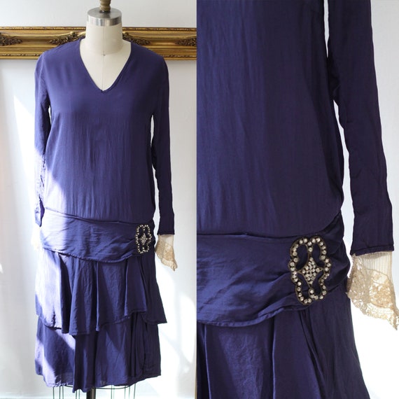 1920s cobalt blue silk dress // 1920s lace flapper