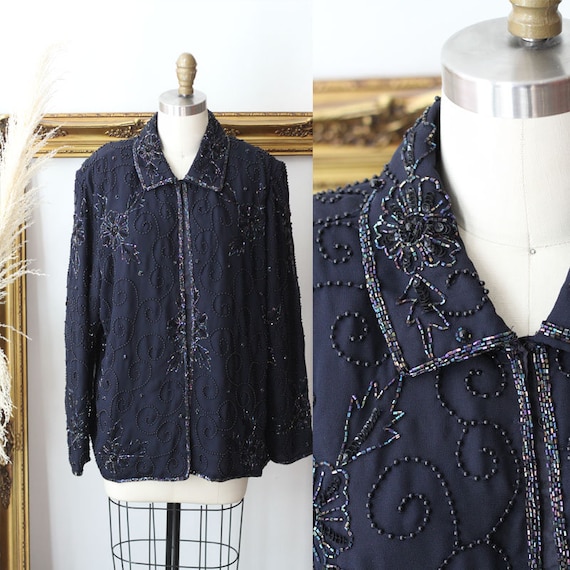 1980s Navy Blue Sequin Blazer // 1980s beaded blaz