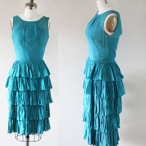 1950s blue ruffle chiffon dress // 1950s cupcake d