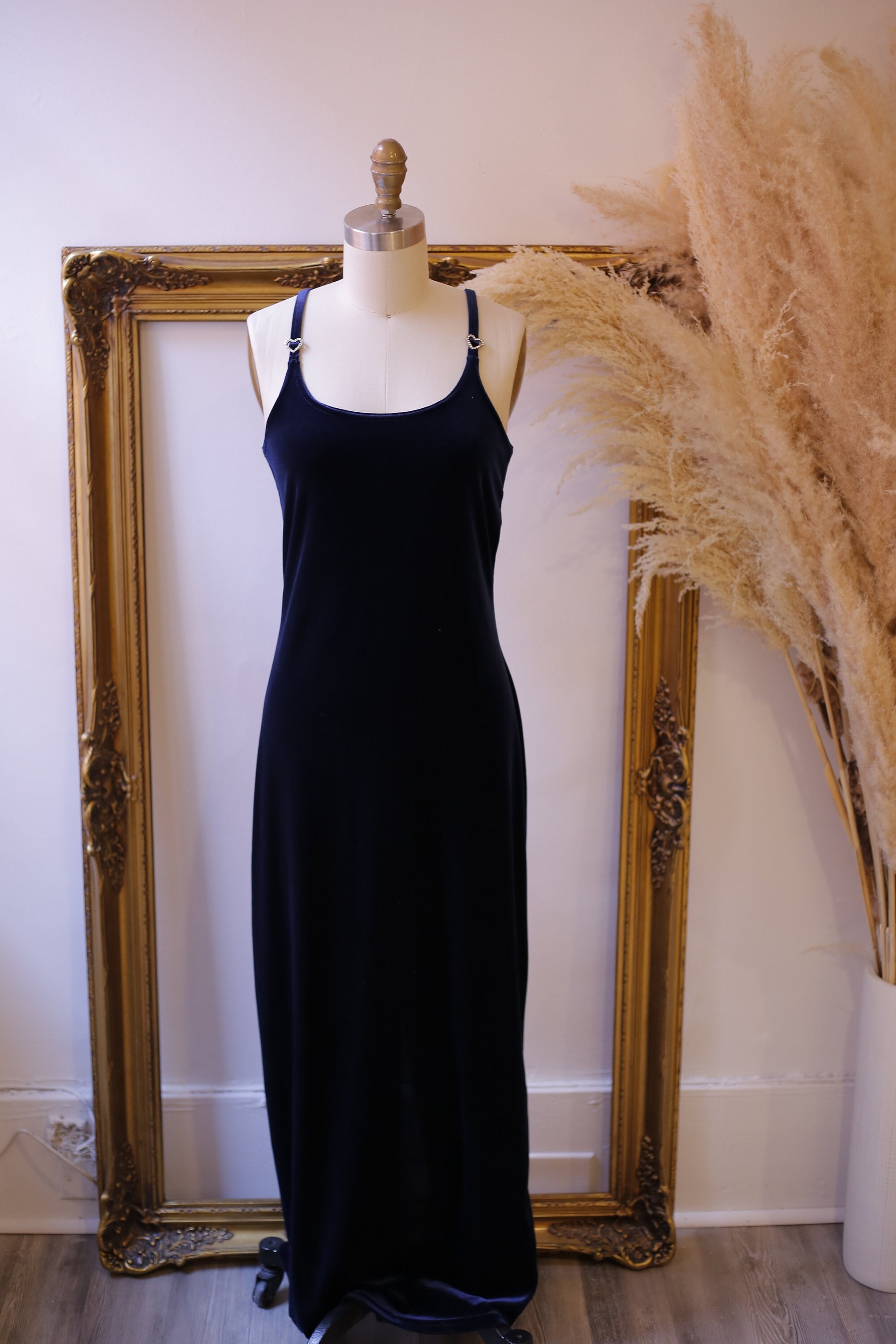1990s navy blue velvet maxi dress 