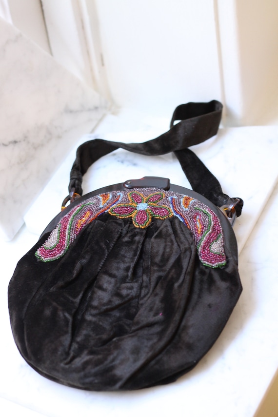 1930s velvet beaded handbag // 1930s floral handba