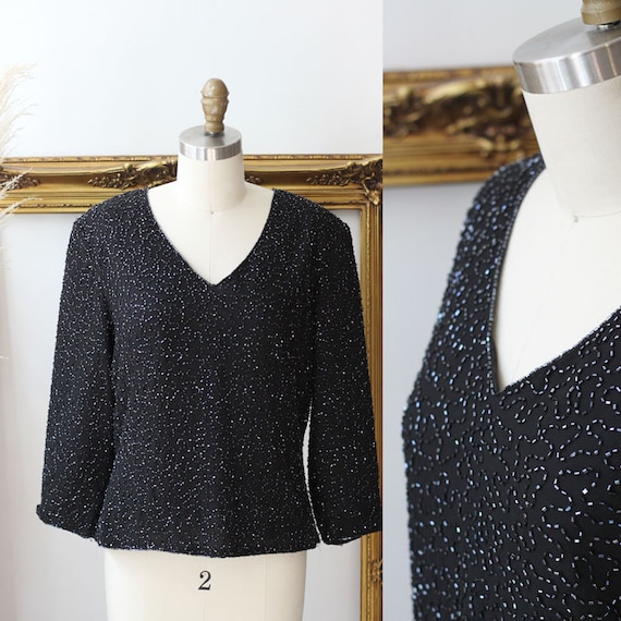 1980s black beaded top // 1980s beaded shirt // vi
