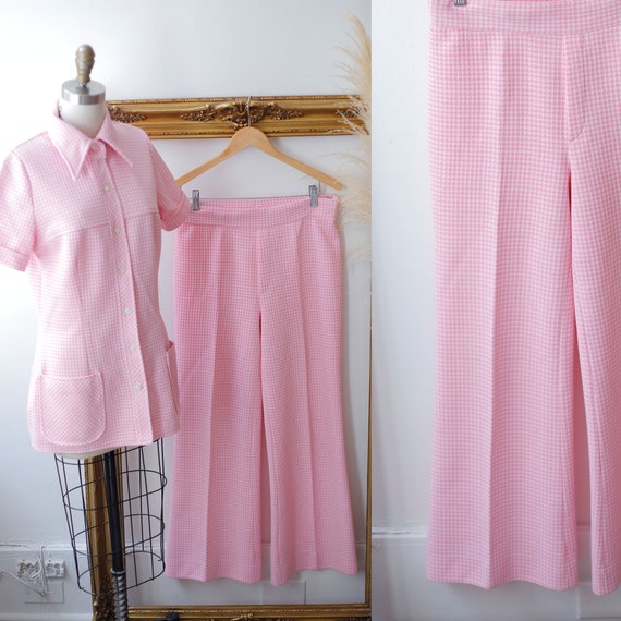 1970s pink checkered two piece set // 1970s pink s