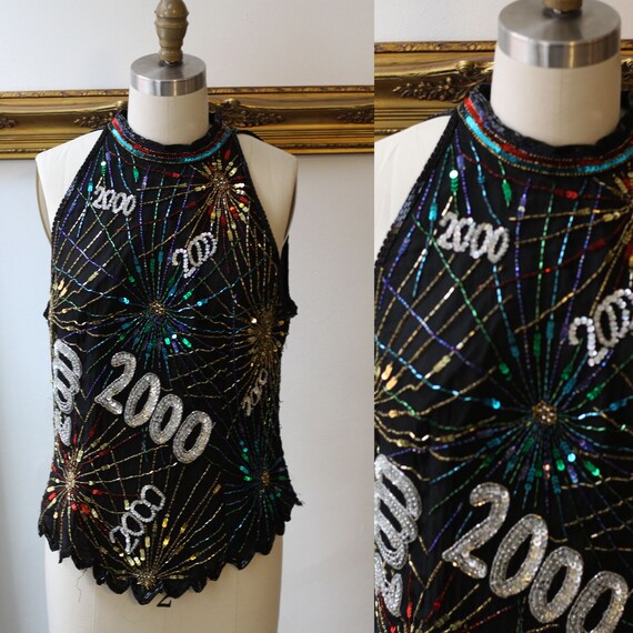 1990s Millenium sequin tank top // black silk sequ