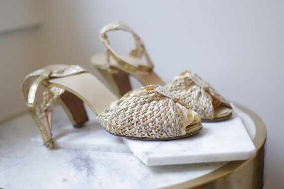 1930s gold sandal heels // 1930s woven high heel /