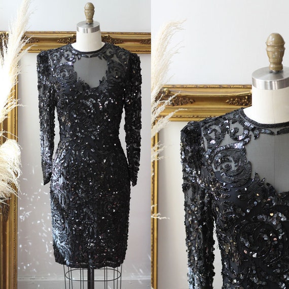 1980s Silk Sequin wiggle Dress // 1980s black sequ
