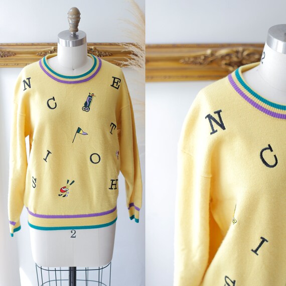 1980s yellow golf sweater // 1980s novelty sweater