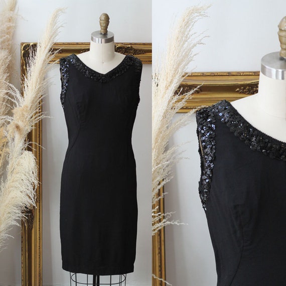 1960s black bead edge dress // 1960s black sparkly