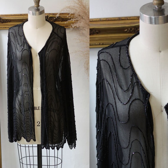 1980s black beaded sheer jacket// 1980s black shee