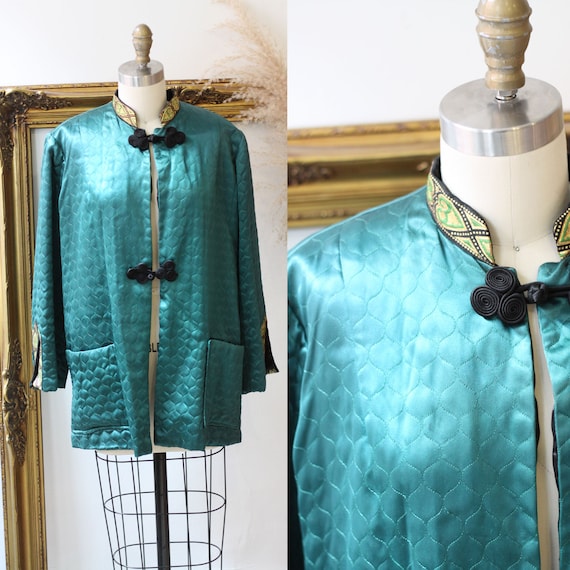 1930s green satin robe top // 1940s quilted satin