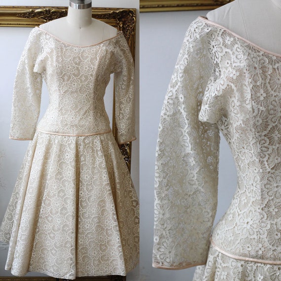 1950s champagne lace dress // 1950s cream wedding