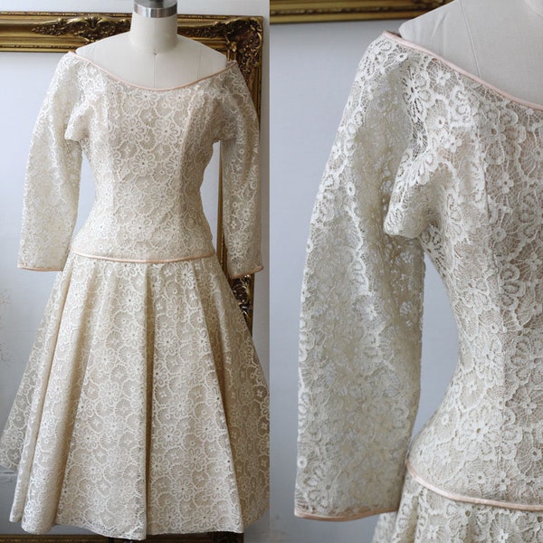 1950s champagne lace dress // 1950s cream wedding dress // vintage dress