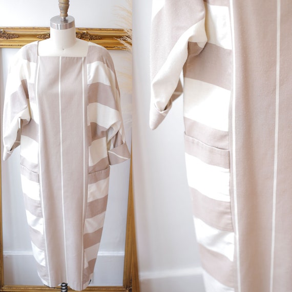 1980s brown striped dress // 1980s neutral dress /