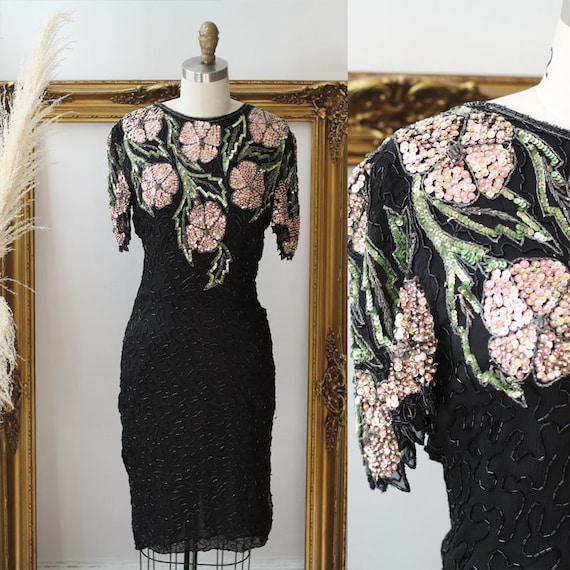 1980s Floral Sequin Dress // 1980s black sequin wi