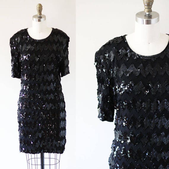 1980s Silk Sequin Mini Dress // 1980s black sequin