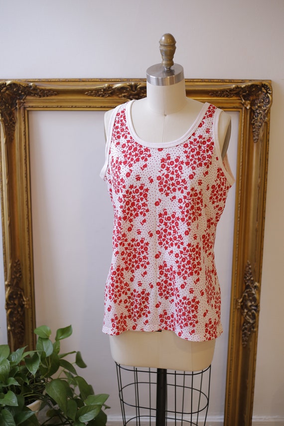 1970s red floral tank top // 1970s red tank top // 19… - Gem