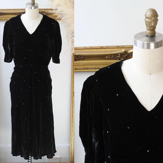 1930s black silk velvet dress // 1930s rhinestone