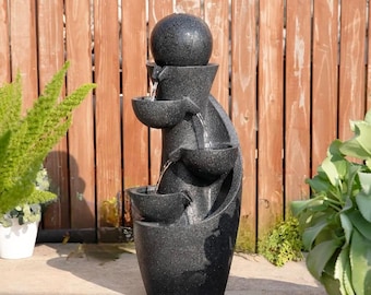 Modern 5-Tier Bowl and Sphere Polyresin Outdoor Fountain, Cascading Waterfall Fountain Water Feature