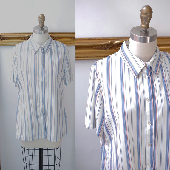 1970s blue striped top // 1970s button up top // 1970s striped blouse